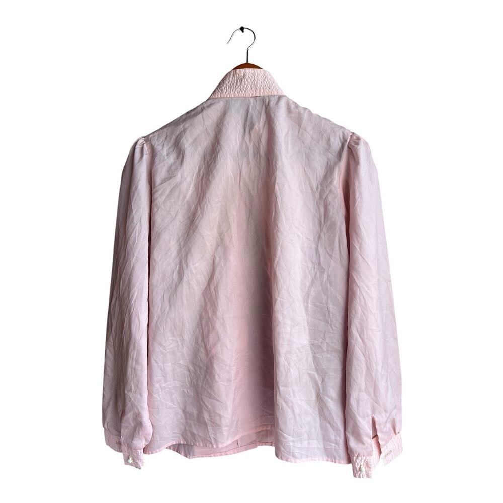 Vintage Women's LARGE Career Blouse 80s Pleated Long Sleeve Button Up Satin Pink - Picture 4 of 5